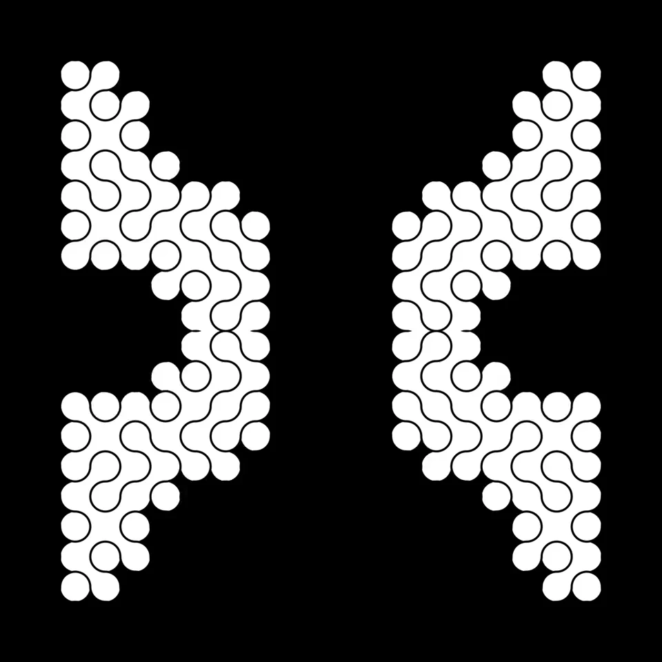 Two mirrored branching forms built from rounded white cells on black.