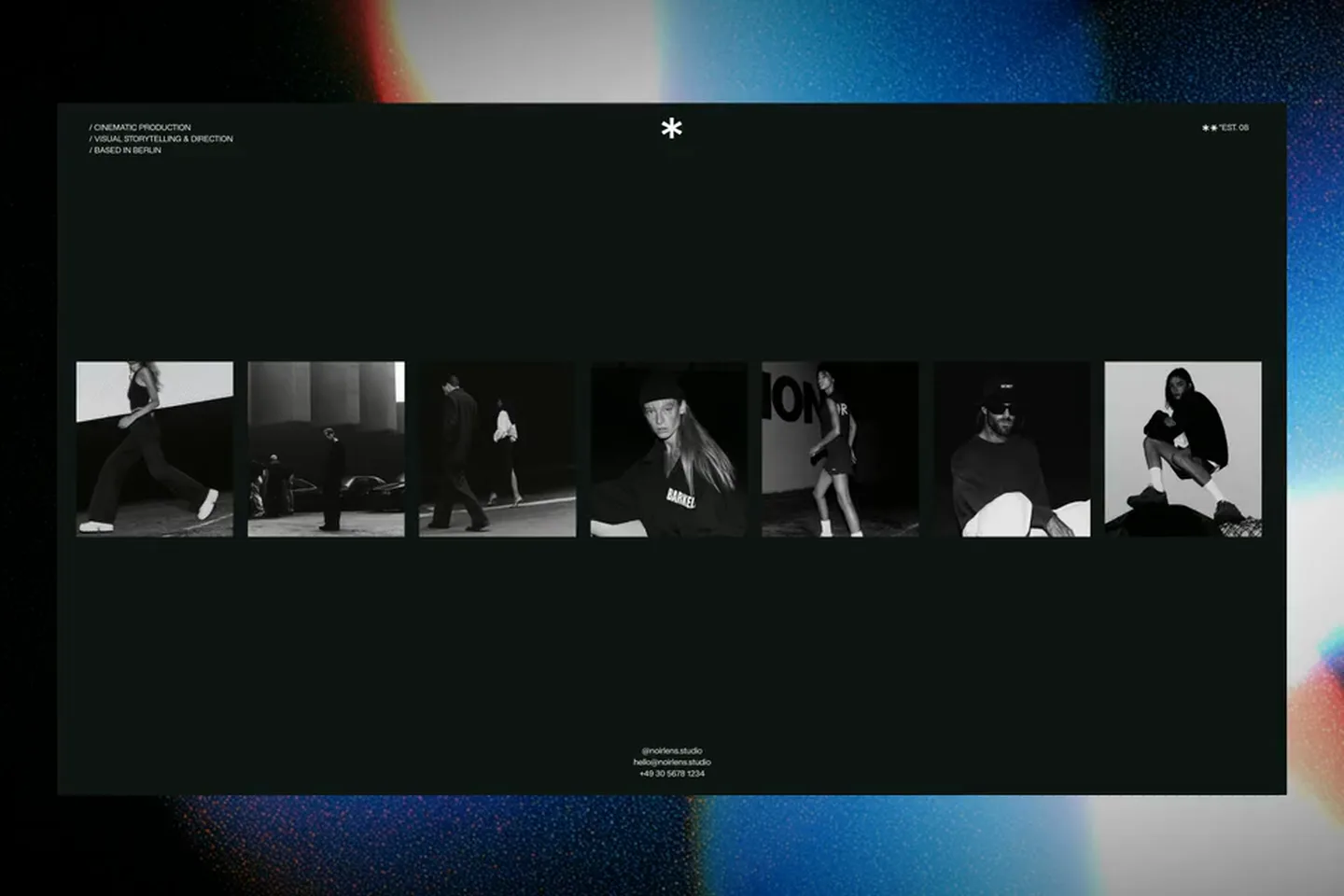 Minimal dark website with a horizontal strip of black and white fashion photographs and small white annotations.