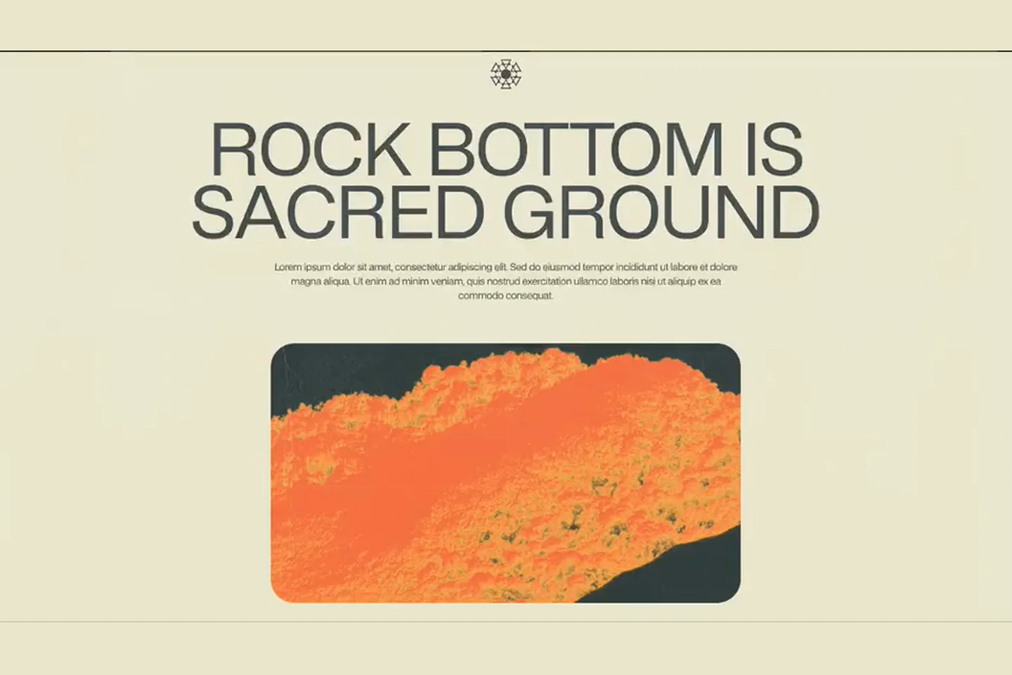 Cream webpage with the headline Rock Bottom Is Sacred Ground above a textured orange abstract image.