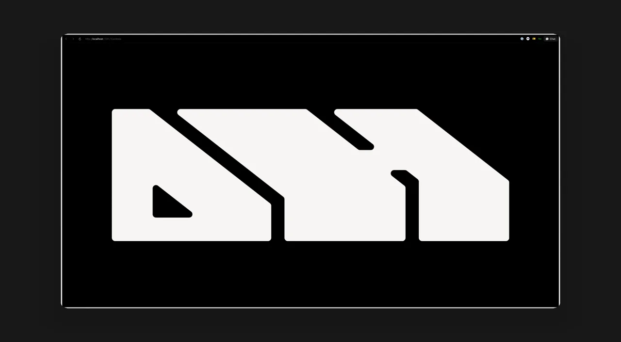 White geometric DH monogram with diagonal cuts, displayed against black in a browser window.