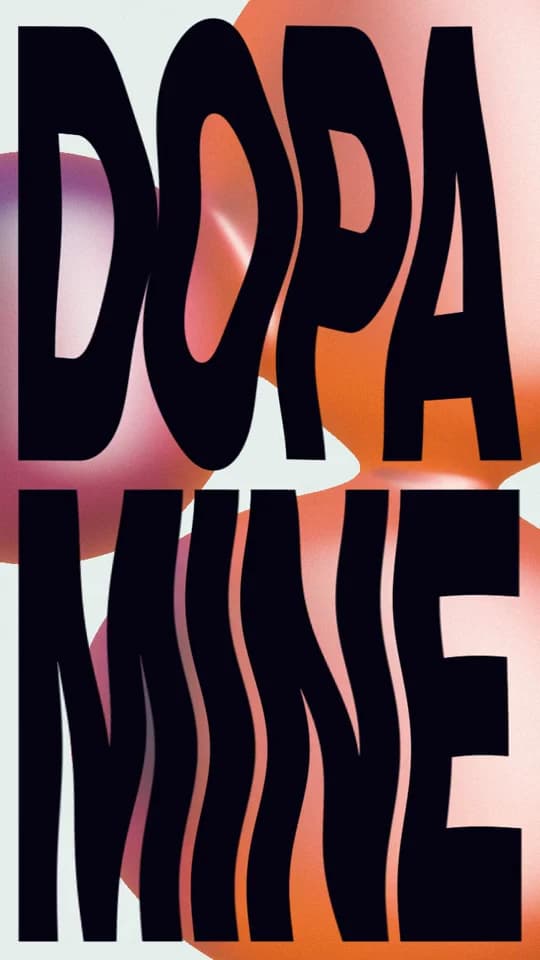 Tall, rippling black letters spelling Dopamine over glossy orange and pink abstract shapes.
