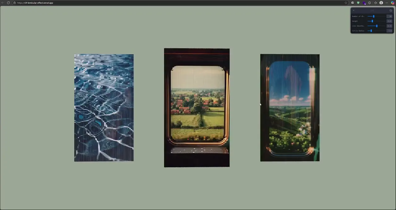 Three vertical image panels showing water and countryside through train windows, with striped distortions on a sage background.