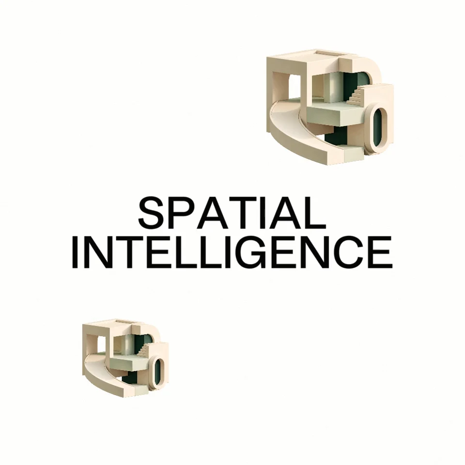 Black Spatial Intelligence lettering on white between two cream architectural sculptures with ramps, stairs and openings.