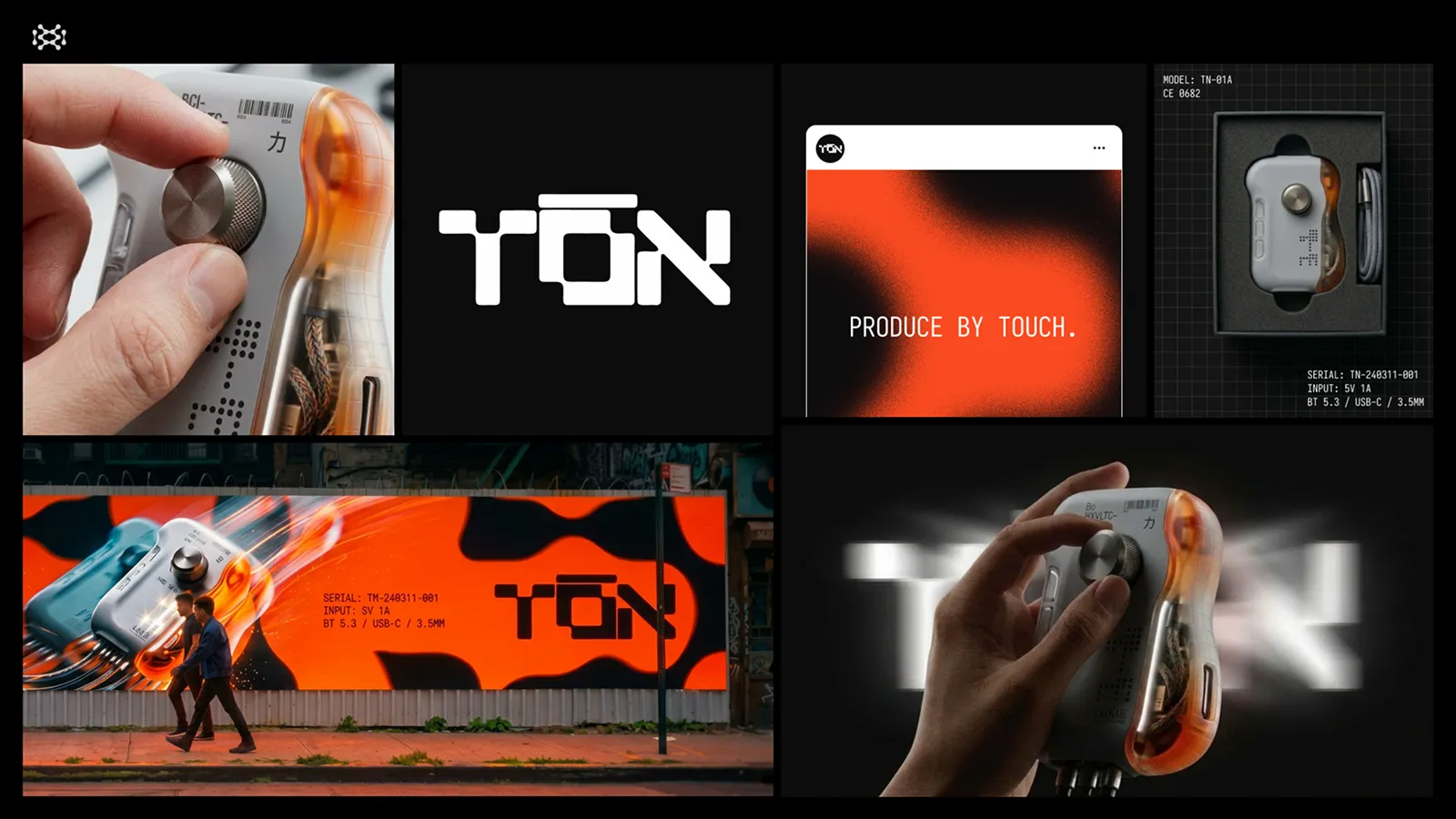 Black and orange brand collage combining a geometric TON wordmark, handheld audio device, packaging and billboard mockup.