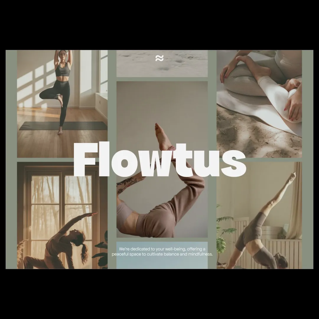 Large white Flowtus wordmark across a muted green collage of people practising yoga in sunlit rooms.